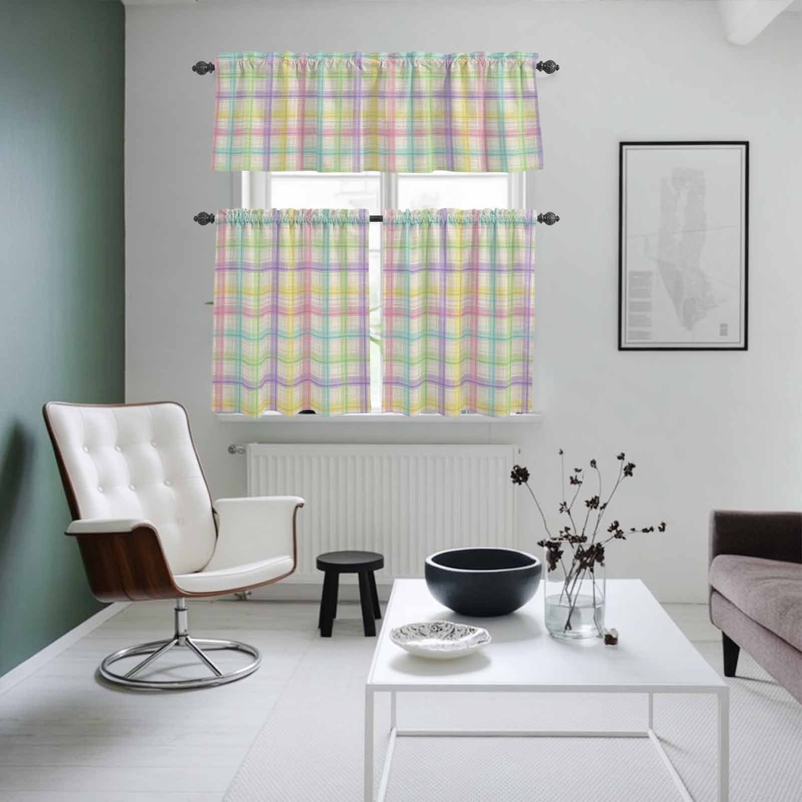 3 Piece Rainbow Plaid Kitchen Curtain Valance and Tiers Set Yellow Pink Blue Green Purple Plaid Linen Texture Rod Pocket Tier Curtain 36 Inch Small Window Drapes for Living Room Bedroom Cafe Decor