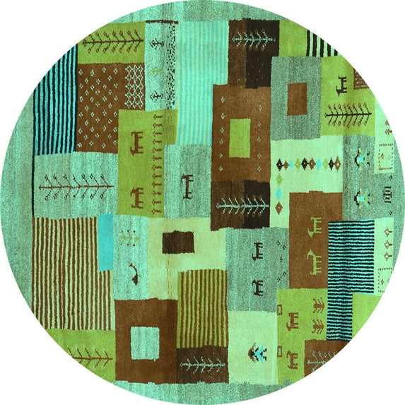 Ahgly Company Machine Washable Indoor Round Abstract Turquoise Blue Contemporary Area Rugs, 4' Round