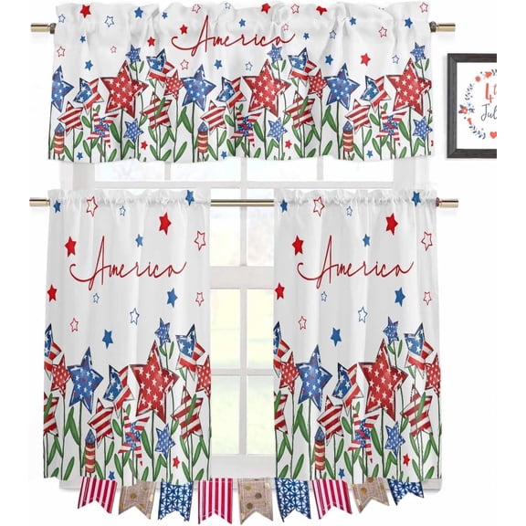 American Flag Rod Pocket Kitchen Curtain Valance and Tiers Set,USA Fourth of July Independence Day 3 Piece Rod Pocket Kitchen Window Treatment Curtain Tier and Valance Set 24" Long