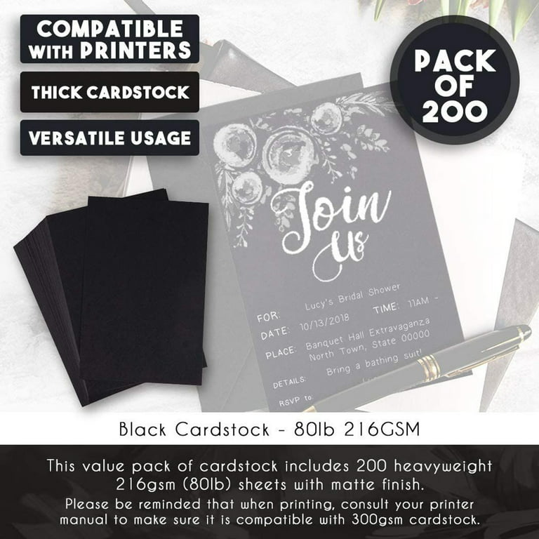 Black Cardstock - 200-Pack 4x6 Heavyweight Smooth Cardstock, 80lb 216gsm Cover Card Stock, Unruled Thick Stationery Paper, for Postcard, Invitation, A