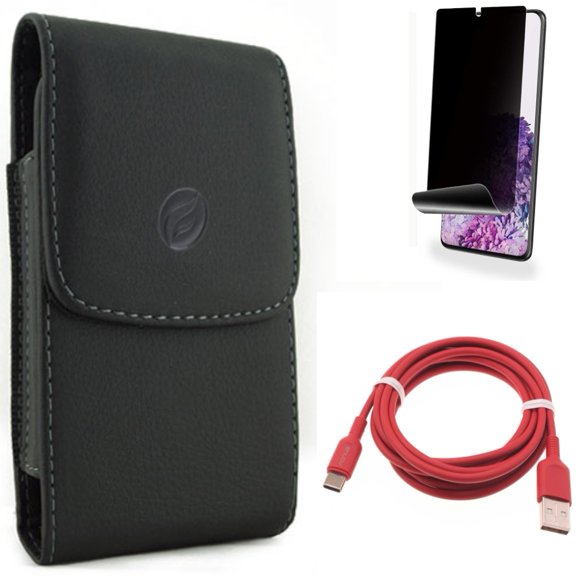 6ft USB-C Cable w Privacy Screen Protector w Case Belt Clip for Samsung Galaxy S20 Plus - Red Charger Cord Power, TPU Film [NOT GLASS] [Fingerprint Works], Leather Holster Cover fits Galaxy S20 Plus