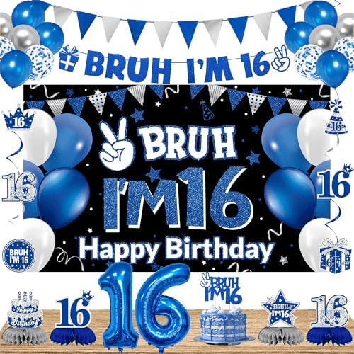 16th Birthday Party Decorations for Boys Girls, Blue Bruh I’m 16 Banner, 16 Number Balloons & Cake Topper, Sweet 16 Years Old Birthday Honeycomb Hanging Swirls Party Supplies$$