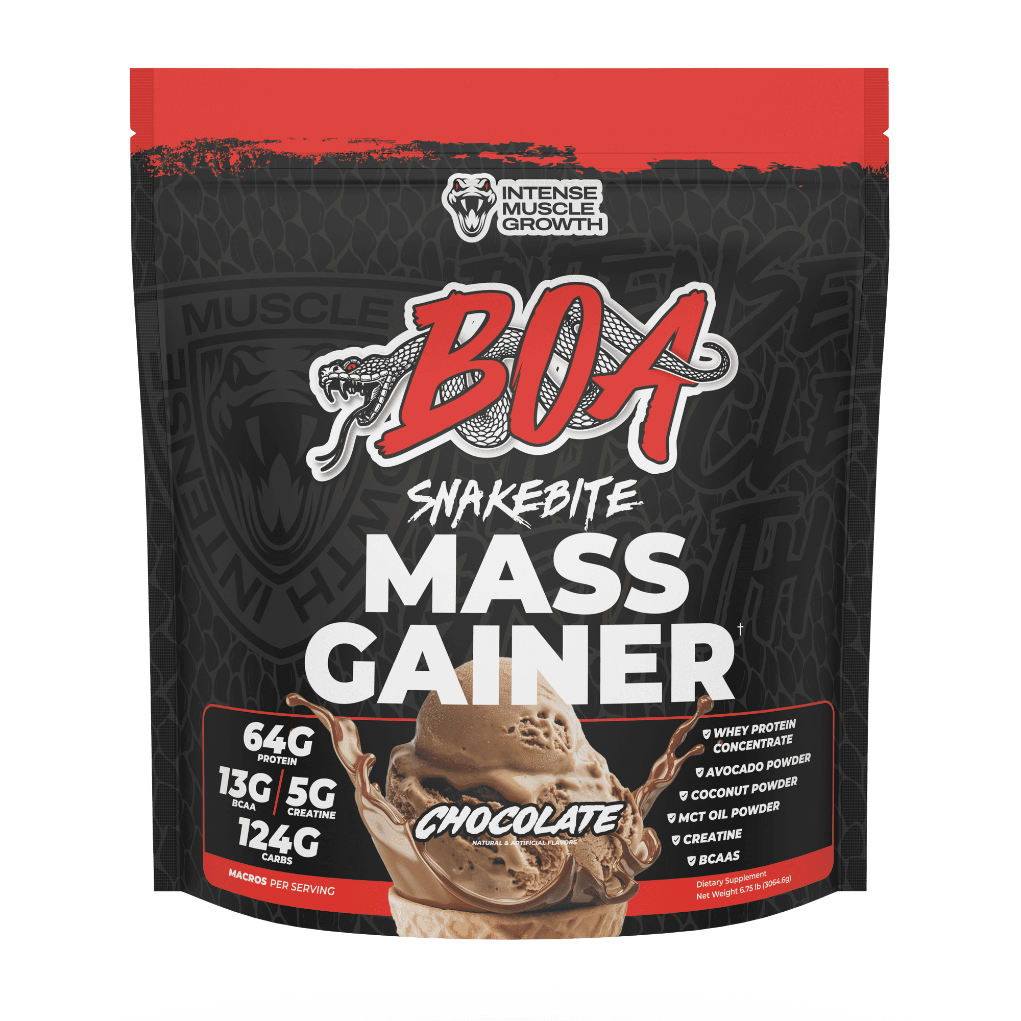 BOA Snakebite Mass Gainer Powder – 64g Protein, 126g Carbs & 5g Creatine Per Serving – High Calorie Weight Gainer for Muscle Growth & Recovery – Chocolate