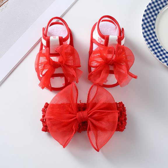 Baby Girls Sandals with Headband Cute Bow Knot Outdoor First Walker for Newborn Summer Baby Girl' Sandals Baby Learning Walking Shoes