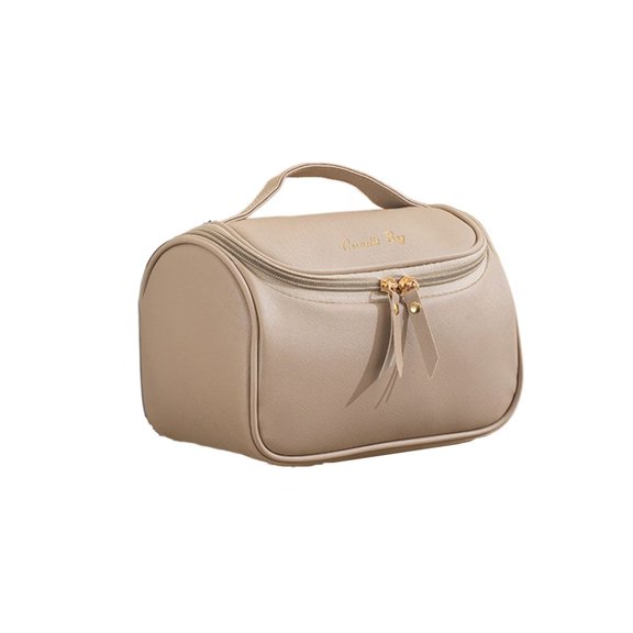 Girlfriend Gift Vintage Style Large Capacity Chrysanthemum Solid Color PU Leather Zipper Portable Makeup Bag Bathroom Wash Bag Multifunctional Comestic Organizer Korean Style Storage Bag ELEGANT BEIGE