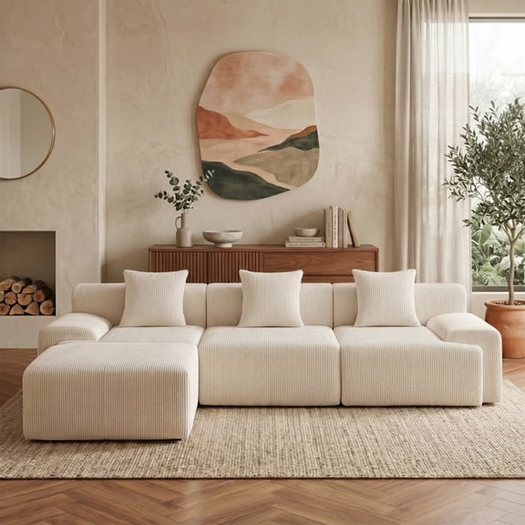 Sectional Sofa with Chaise, 118" L-shaped Modular Couch for Living Room, 4 Seater Sofa, No Assembly Required, Beige