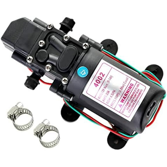 12V DC Fresh Water Pump with 2 Hose Clamps 12 Volt Diaphragm Pump Self Priming Sprayer Pump with Pressure Switch 4.5 L/Min 1.2 GPM 110 PSI Adjustable for RV Camper Marine Boat Lawn