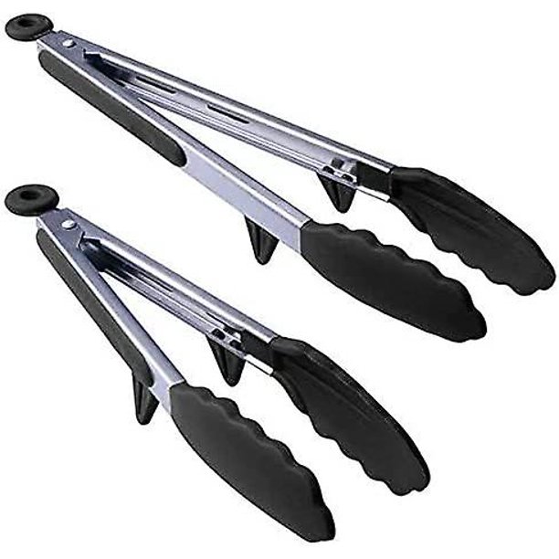 Pinzas de cocina Pinzas para barbacoa Pinzas profesionales de acero inoxidable y silicona de grado alimenticio sin BPA, antideslizantes, con soporte, autoblocantes. Juego de 2 alicates