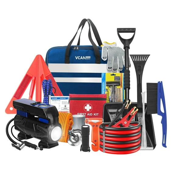VCANENERGY 92-Piece Car Emergency Kit with Digital Air Compressor, Jumper Cables, First Aid Kit & Detachable Snow Shovel for Roadside Safety
