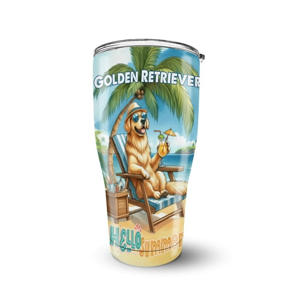 Golden Retriever Hello Summer Beach Theme with Sunglasses and Tropical Cocktail 30oz Stainless Steel Tumbler Insulated Cup with Lid Goldens Dog Lover Gifts Idea - 00009