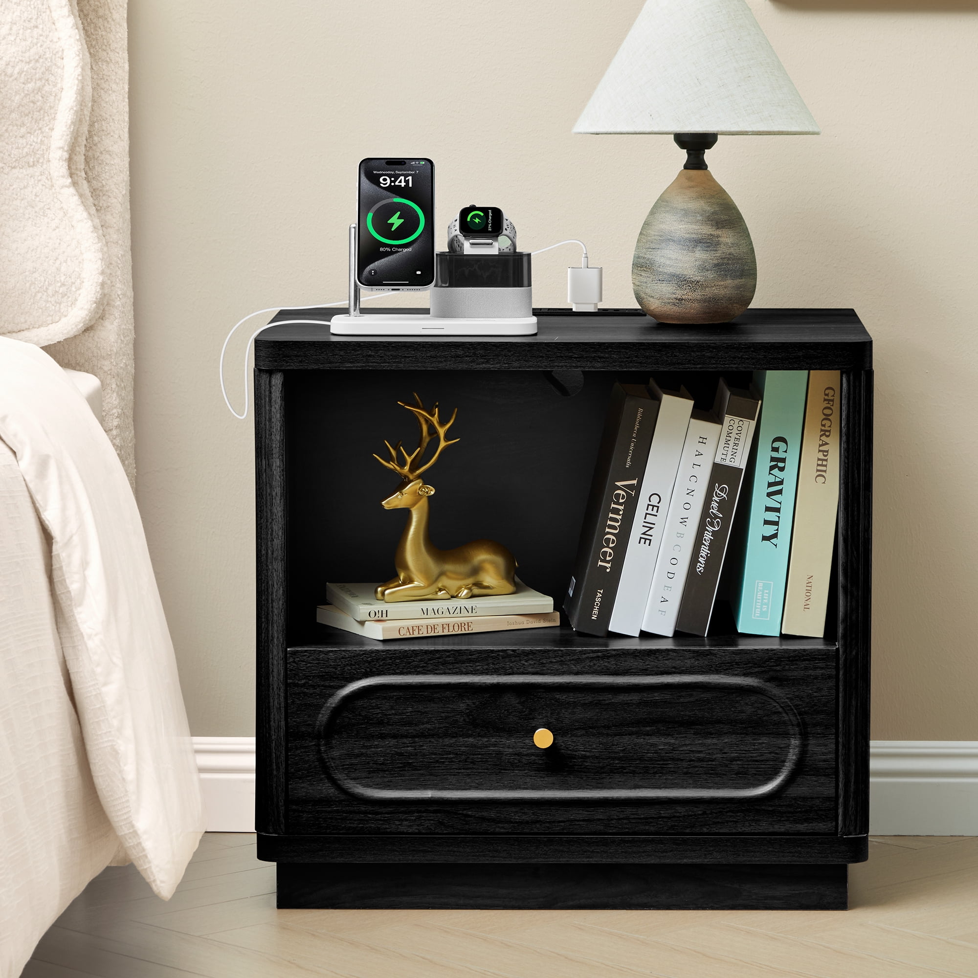YOCWO Nightstand Set of 2 with Drawers and Charging Station for Bedroom, Mid Century Bedside Table with Open Shelf for Storage, Arched Drawer and Fluted Side, Black