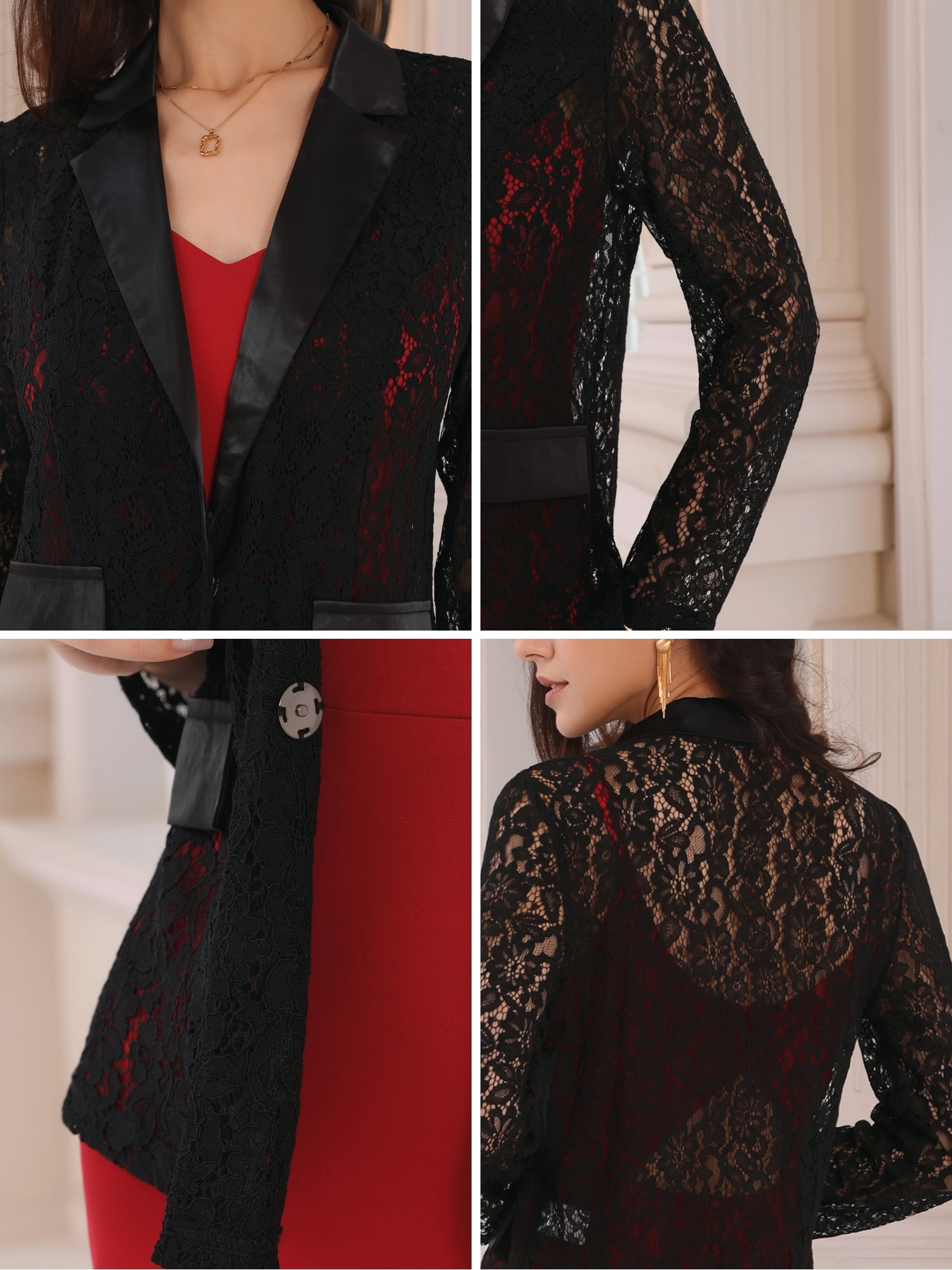 DARING DIVA Women's Lace Cocktail Lapel Collar One Button Dressy Blazers M Black