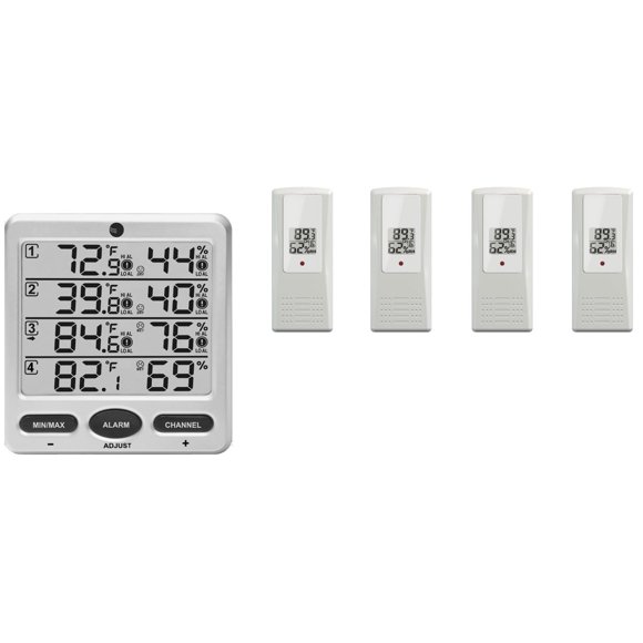Ambient Weather WS-10-X4 Termohigrómetro inalámbrico interior/exterior de 8 canales con cuatro sensores remotos