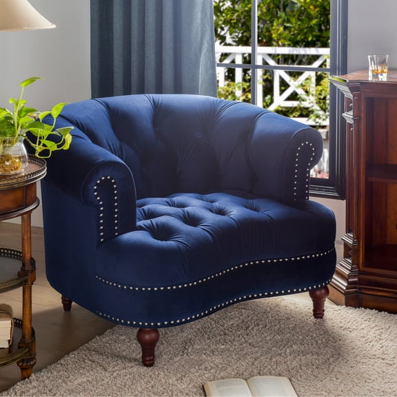 Navy Blue Accent Chair By La Rosa. Strong Kiln-dried Hardwood & Plywood Frame. Quality Upholstered Fabric And High Foam. Sinuous Spring Suspension. Charming Iron Nailhead Decor. 42in D, 38in W,