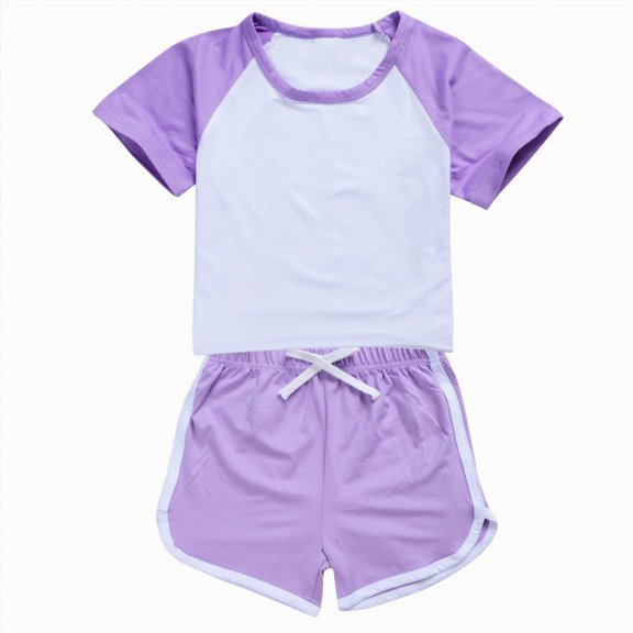 Hessimy Toddler Baby Girl Summer Clothes Set Short Sleeve Tops & Shorts Novelty Color Outfits(Purple,5-6 Years)