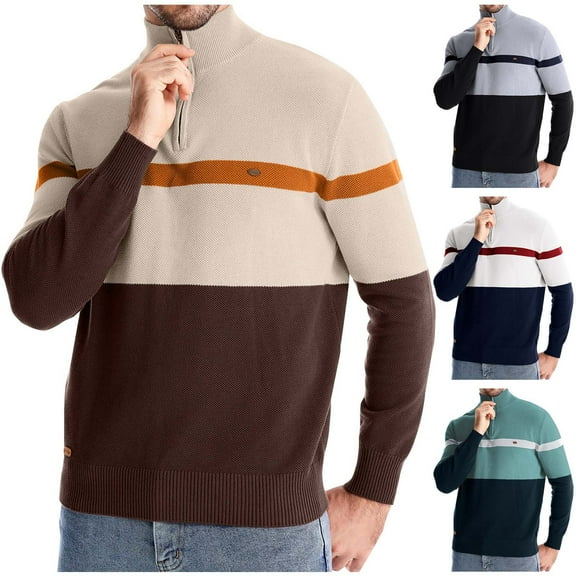 WAENQINLA Men's Quarter Zip Pullover Slim Fit Lightweight Striped Knit Sweaters Winter Casual Warm Long Sleeve Knitwear Tops White L