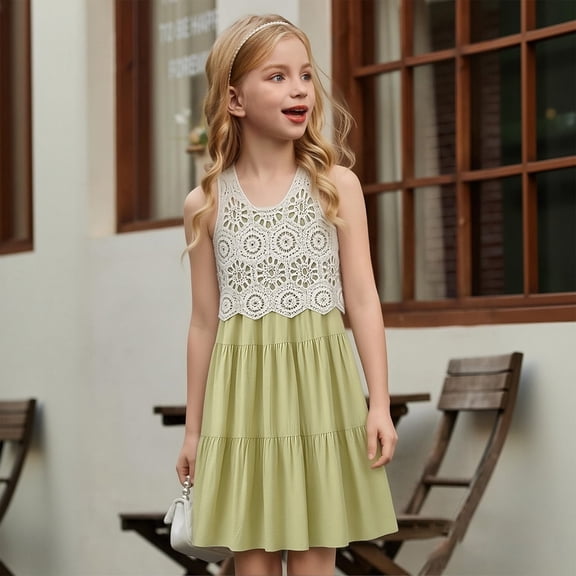 Angala 2 Piece Outfits For Girls Crew Neck Sleeveless Floral Lace Embroidered Tank Top With Seasonal Outdoor Style Dress Set Girls Fall Season Wear Clothes