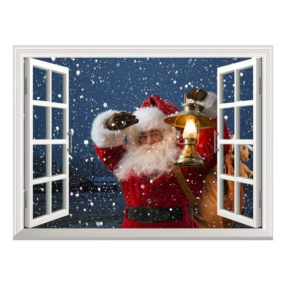 wall26 Removable Wall Sticker/Wall Mural - Santa Claus Carrying Gifts Outside of Window on Christmas Eve - Creative Window View Home Decor/Wall Decor - 24"x32"