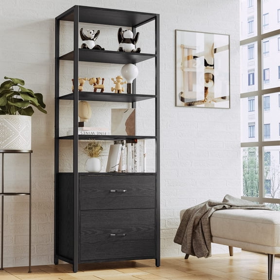 Industrial File Cabinet Bookcase, 5 Tier Open Shelf Design for Home Office, Tall Storage Organizer with Rustic Style and Durable Frame, Black