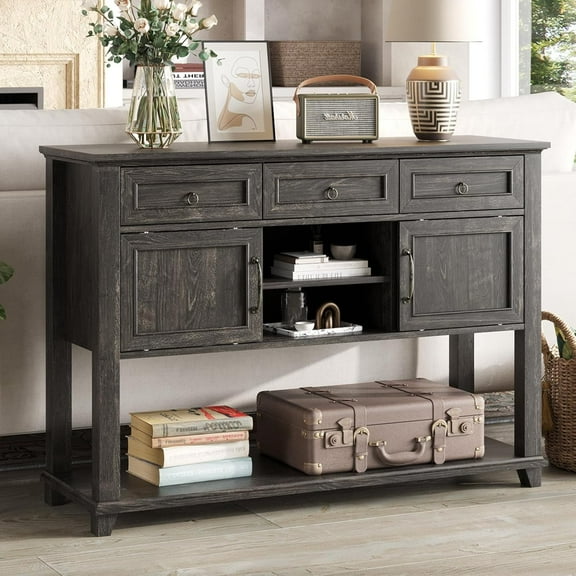 Vabches 3-Tier Wood Condole Table with 3 Drawers and Shelves, 47" Narrow Long Sofa Entryway Table with Sliding Barn Door Storage Cabinets