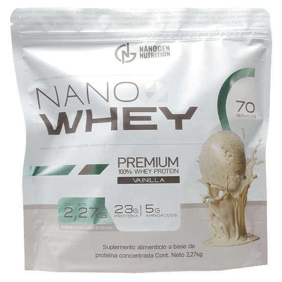Proteína Whey Nanogen 2.27kg | 70 Servicios | 23g de Proteína | Sabor Vainilla | Endulzada con Stevia