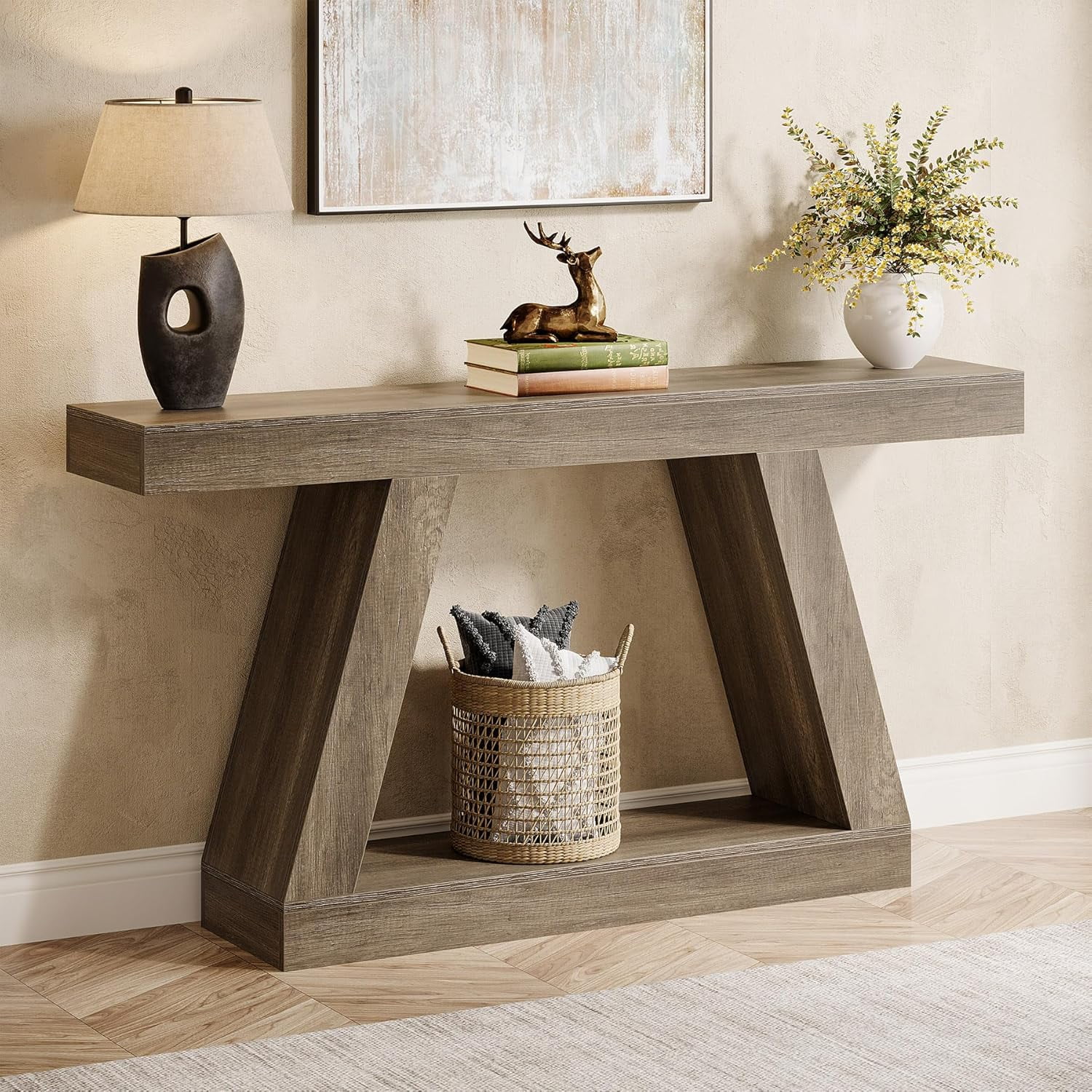 Finmind 55-inch Farmhouse Console Table，2-Tier Wood Entryway Table for Hallway, Gray