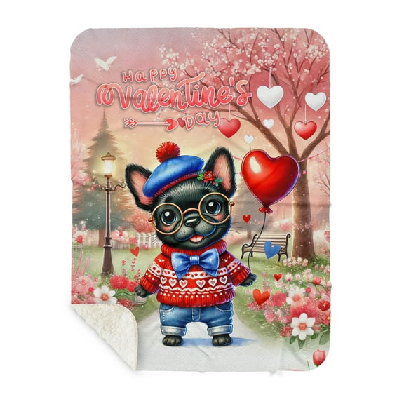 Happy Valentine’s Day Adorable French Bulldog Puppy Holding Heart Balloon Cozy Sherpa Blanket Dog Lover Gifts Warm Soft Throw Blanket - 00030