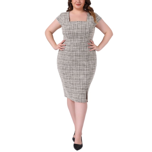 Vestido de tweed para mujer de tallas grandes Agnes Orinda, vestido lápiz midi vintage con cuello cuadrado, mangas cortas, abertura lateral y cremallera, 1X blanco