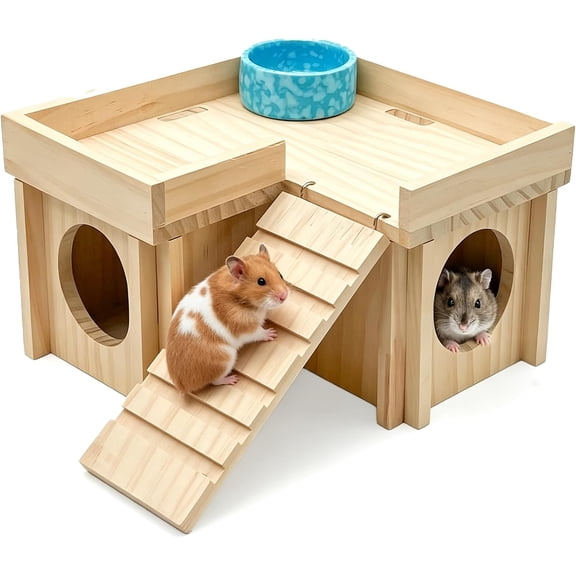 kathson Wooden Hamster Hideout Hamster Wood House with Ladder Habitats Decor Detachable Small Animals Cage Accessories for Rat Gerbils and Other Small Pets