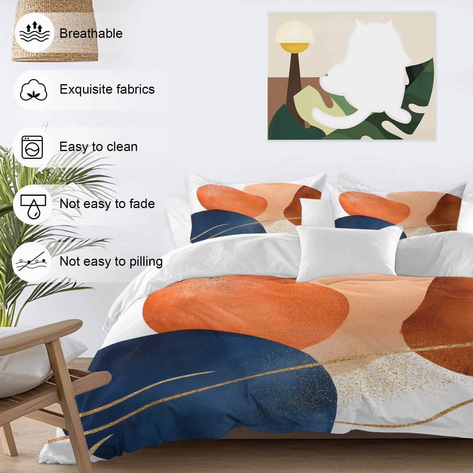 Navy Blue Burnt Orange Bedding 3 Piece Duvet Cover Set California King, Modern Retro Geometric Soft Microfiber Comforter Cover with Zipper Closure & Pillowcases, Wrinkle & FadeResistant Quilt Cover