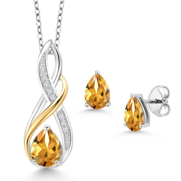 Gem Stone King 2.83 Cttw Pear Shape Yellow Citrine and White Lab Grown Diamond Pendant and Earrings Jewelry Set for Women | 925 Sterling Silver and 10K Yellow Gold | With 18 inch Chain