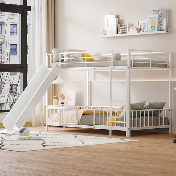 DreamBuck Twin over Twin Bunk Bed with Slide, Metal Bunk Bed with Full-Length Guardrails and Fence, Easy Assembly, Noise Free, White