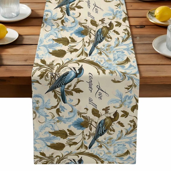 Vintage Bird Flower Table Runner, Watercolor Green Blue Floral Kitchen Table Runners Dress Scarves for Table Decorations Party/Restaurant/Indoor Outdoor Use, 18x72in