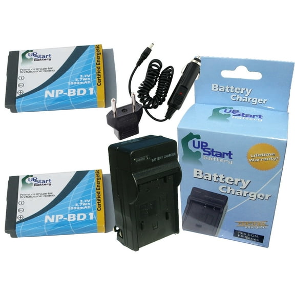2x Pack - Sony Cybershot DSC-T2/G Battery   Charger with Car & EU Adapters - Replacement for Sony NP-BD1 Digital Camera Battery and Charger (1000mAh, 3.7V, Lithium-Ion)