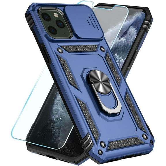 Compatible with iPhone 11 Pro Max Case with HD Screen Protector & Slide Camera Cover & Rotated Ring Kickstand, [Military-Grade] Phone Case for iPhone 11 Pro Max (Blue)
