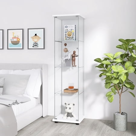 4 Shelves Glass Display Cabinet with Door Curio Collection Glass Display Case for Home Office Floor Standing Bookshelf Corner Cabinet for Book Toys Glory (White)