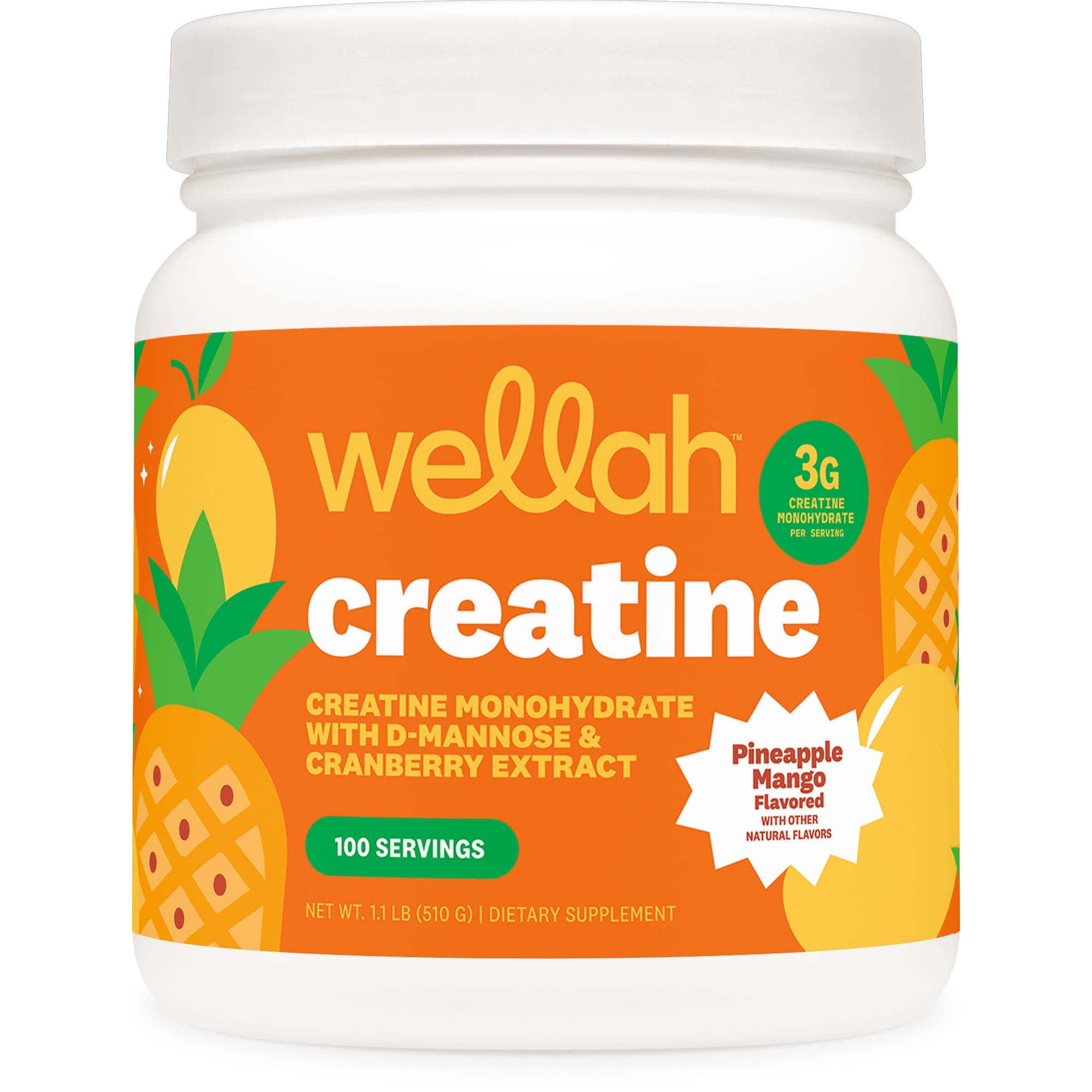 Wellah Creatine for Women - Creatine Monohydrate with Dandelion & Cranberry Extract (100 Servings, Pineapple Mango)