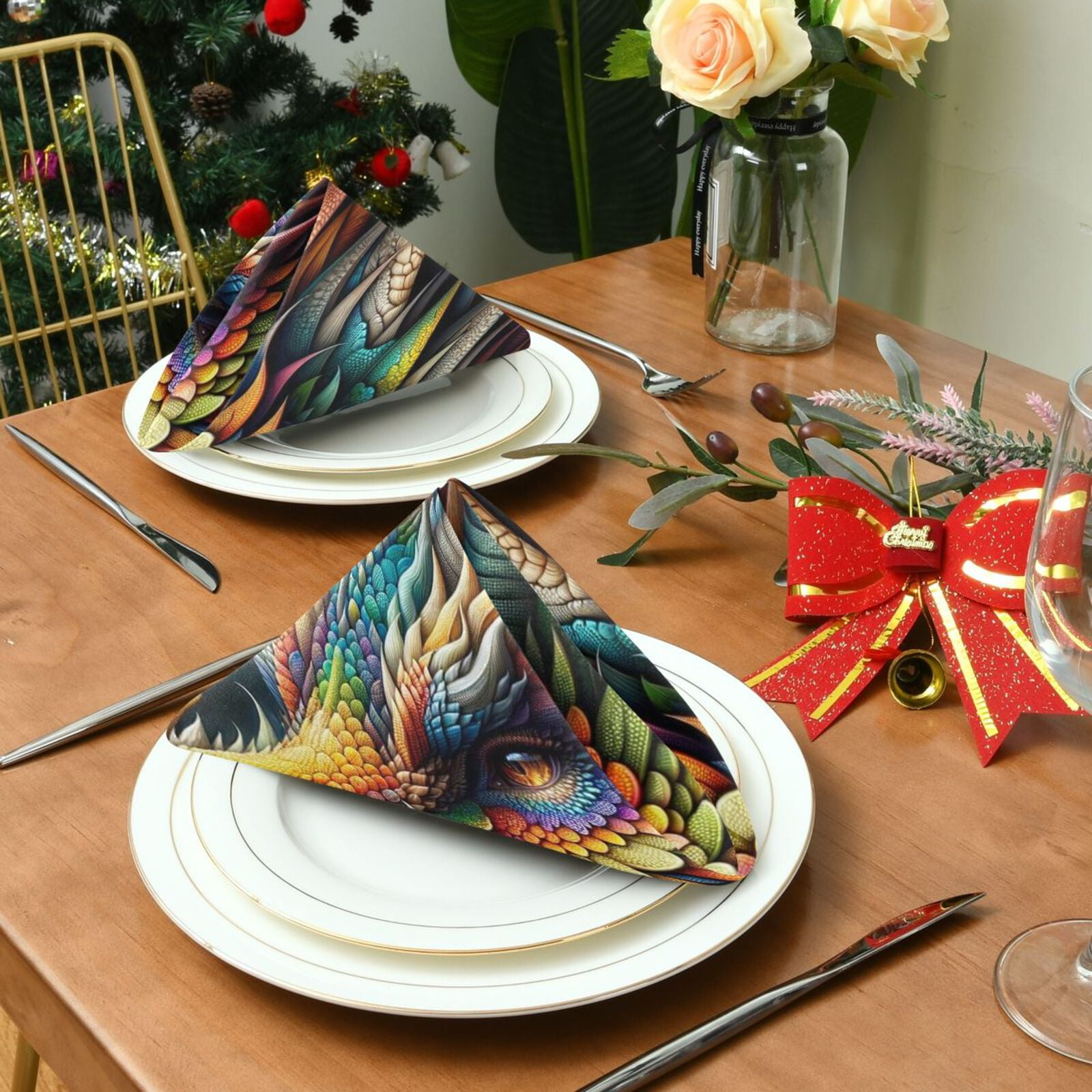 JSTEL Rainbow Dragon Portrait Cloth Napkins Set of 6, 20x20 Inch Washable and Reusable Napkin for Decoupage Dinner Party Everyday Use