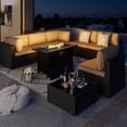 thumbnail image 3 of Walsunny 8 Pieces Patio Wicker Rattan Fire Pit Furniture Conversation Sets with Outdoor Sectional Sofa,45" Gas Propane Fire Pit Table,Glass Coffee Table,Black Rattan Khaki Cushion, 3 of 8