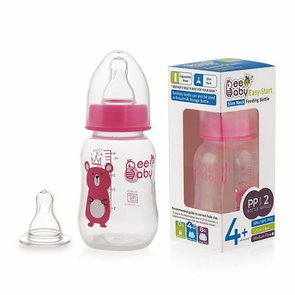 BeeBaby Easy Start Feeding Bottle with 2 Nipples 125 ml -Pink