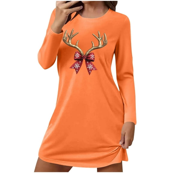 Fengactive Nightgown for Women Cute Christmas Graphic Long Sleeve T-Shirt Dress Loose Crewneck Nightshirts Sleepwear