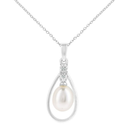 9ct White Gold Jewelco London Diamond Oval Pearl 7x9mm Teardrop Necklace 18"