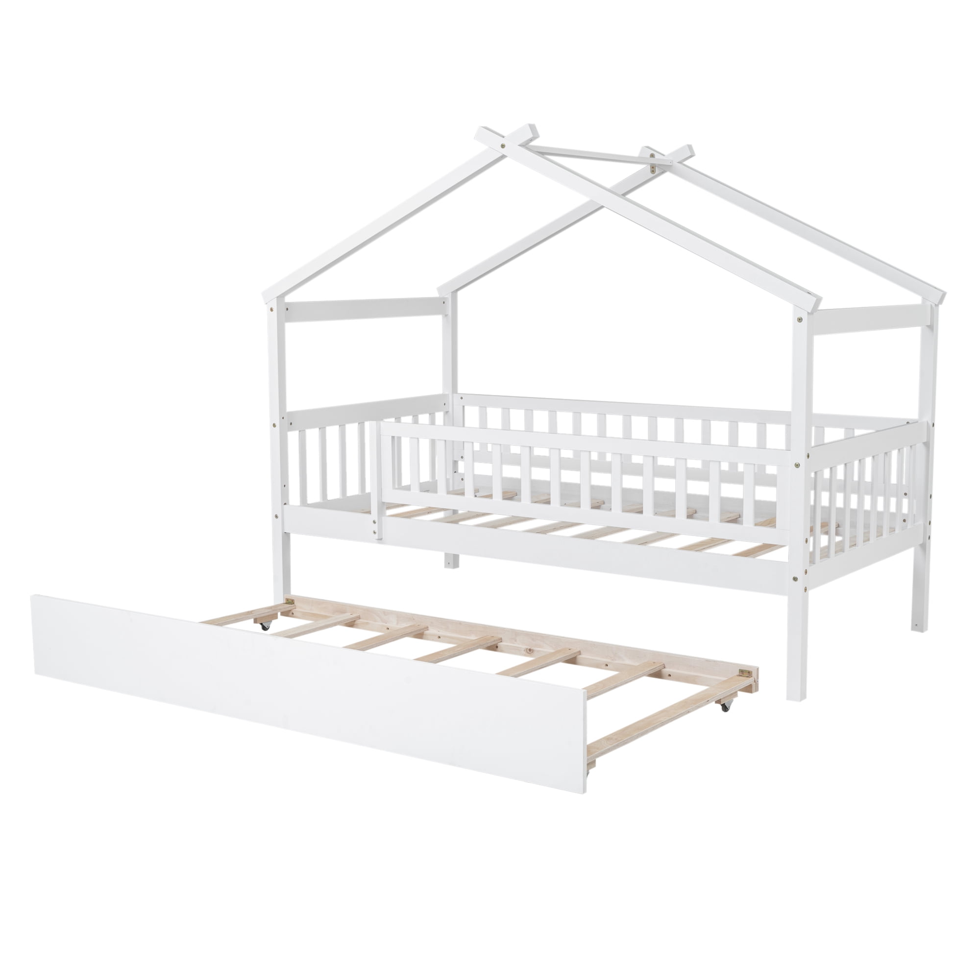 Euroco Twin Size House Bed with Trundle, Canopy Low Profile Bed for Kids, White