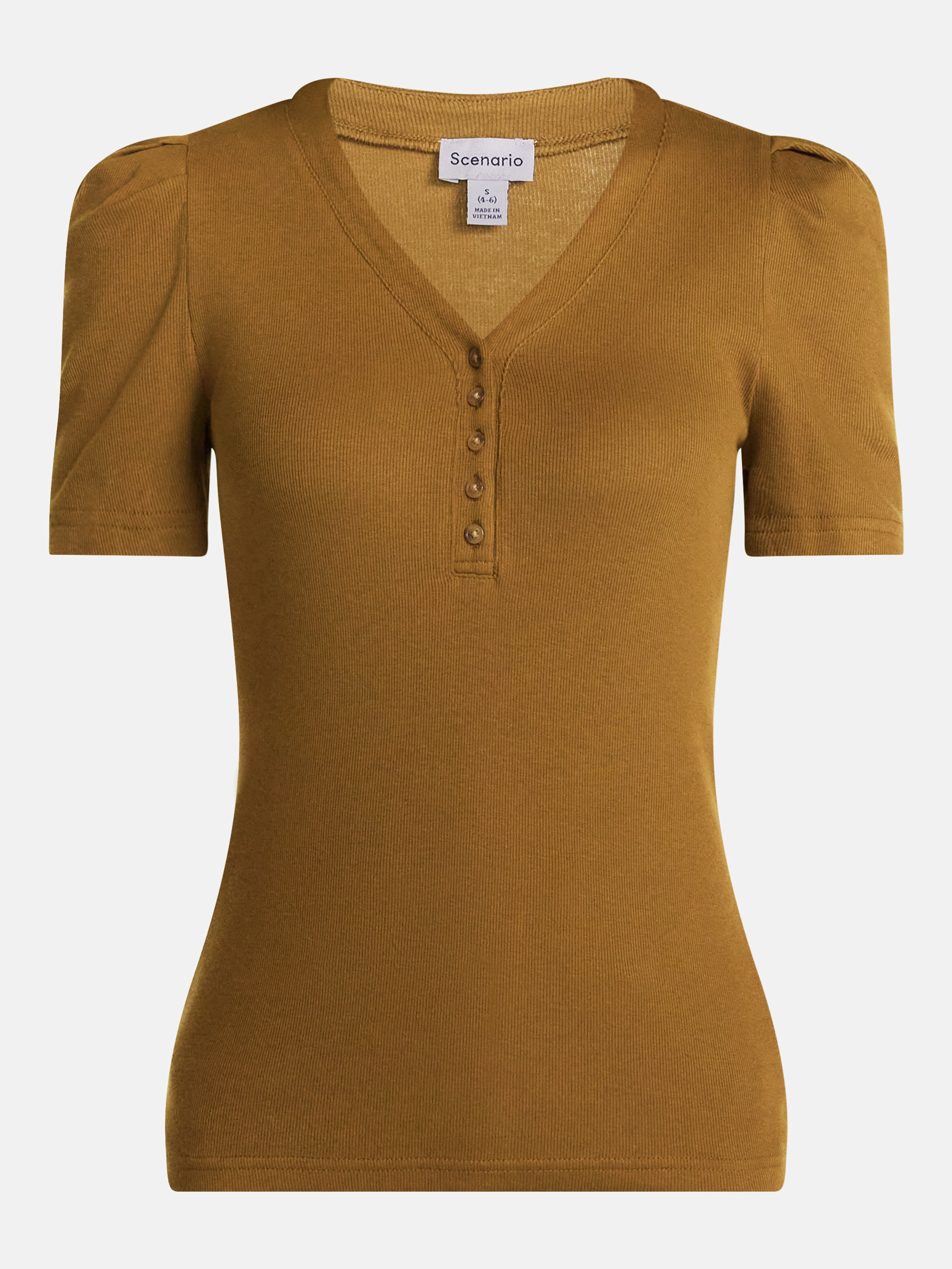 Scenario Women's V-Neck Henley Top with Short Puff Sleeves, Sizes XS-XXXL