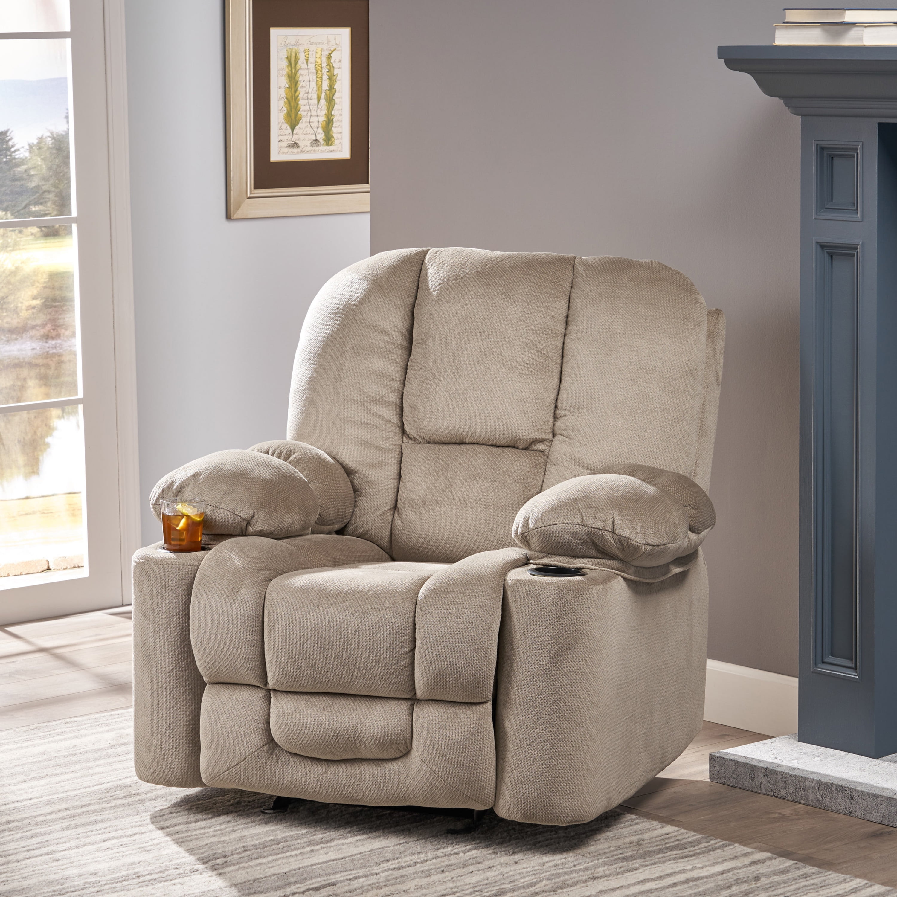 Euroco Luxurious Manual Recliner Chair in Coffee, Skin-Friendly Fabric, Dual Cup Holders