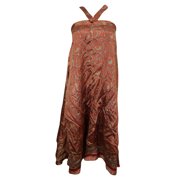 Mogul Women's Indian Magic Wrap Skirt Red Printed Silk Sari 2 Layer Reversible Halter Dress