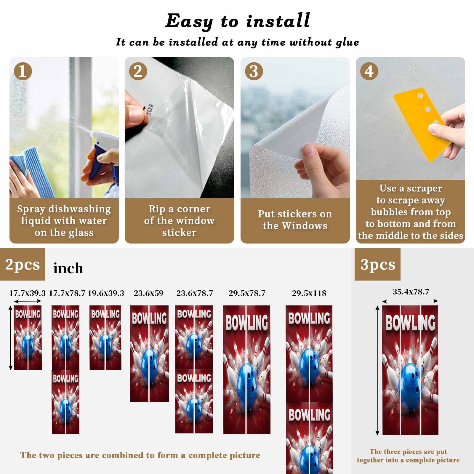 Bowling Window Privacy Film, Vintage Bowling Bottles Ball Red Background Frosted Glass Window Clings Static Cling UV Heat Blocking Reusable Door Sticker for Bathroom 29.5 x 118 Inch