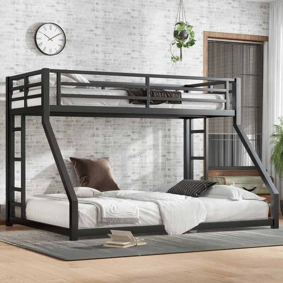 Twin XL Over Queen Bunk Bed for All Ages, Heavy Duty Metal Bunk Bed Frame with 2 Side Ladders & Safety Rails, Space-Saving, Multi-Functional, Black