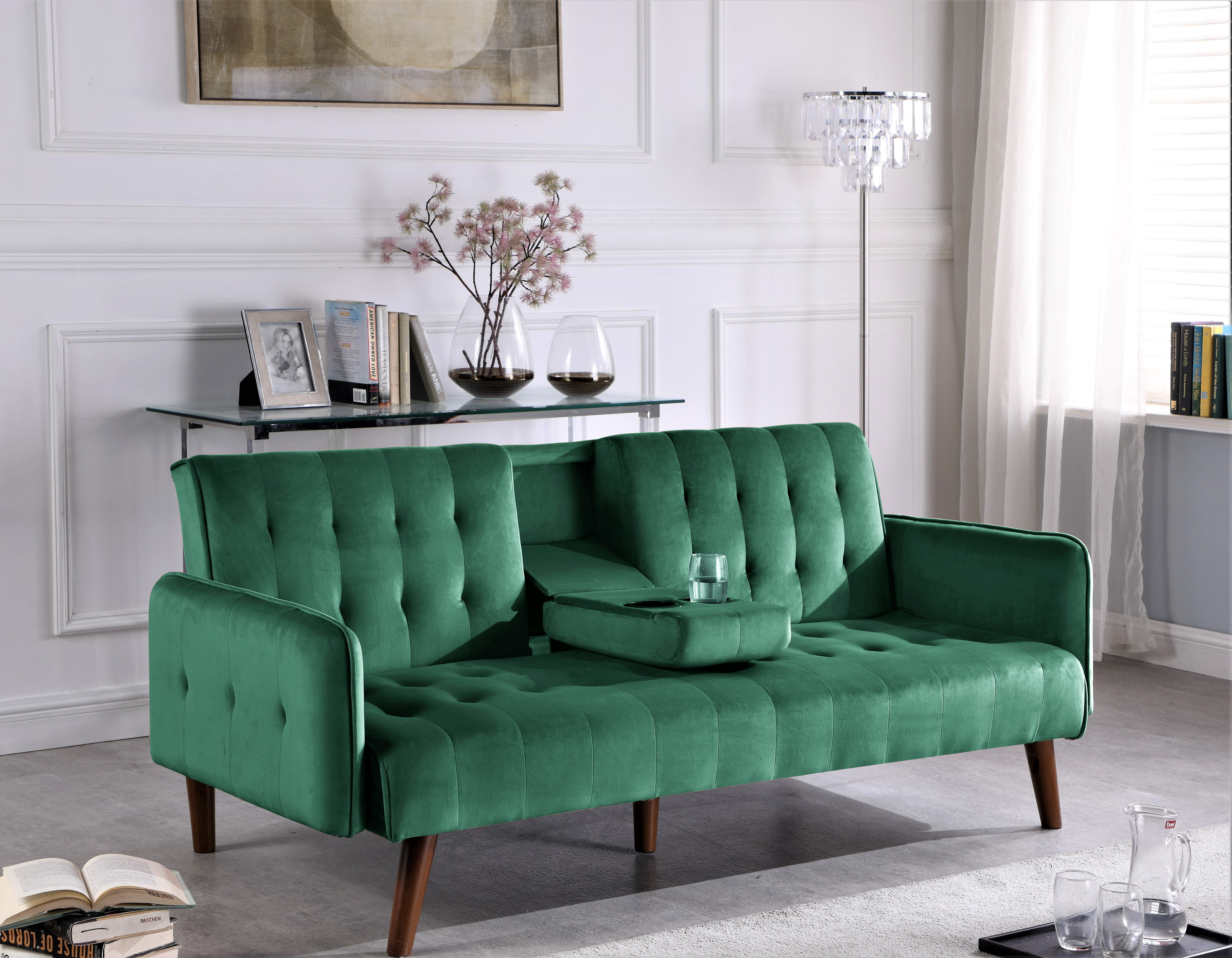 Uspridefurniture Beniamino 78'' Velvet Square Arm Sleeper, Green