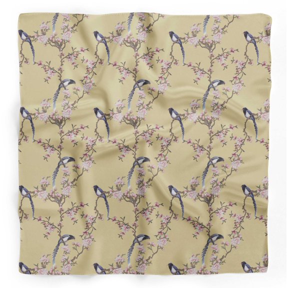Bimba Beige Floral & Paradise Whydah Bird Printed Pure Silk Scarf Neck Wrap Summer Hair Bandanas For Women 40 x 80 Inches